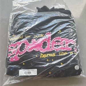 Sp5der Black Hoodie with Pink and Yellow Accents